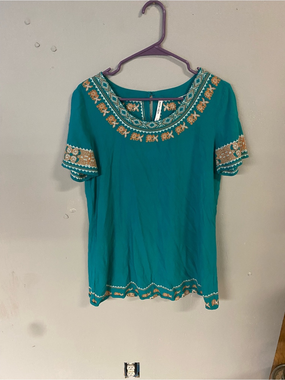 Embroidered Teal Women's Short Sleeve Top, Mur Mur Brand